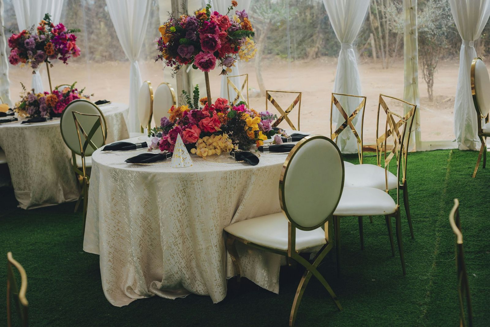 Tables styled with colourful flowers